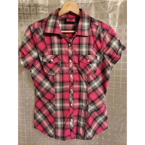 Tops - Harley Davidson Pink Plaid Short Sleeve Collared Shirt Small